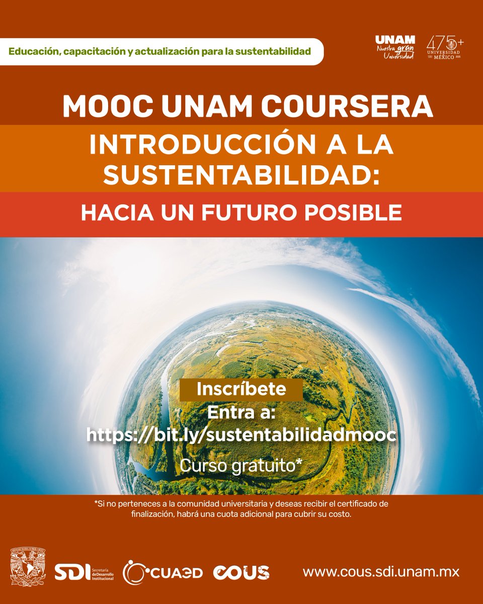 cousunam's tweet photo. 🌱 Conoce los retos socioambientales y construye soluciones con el MOOC "Introducción a la sustentabilidad: hacia un futuro posible" de la #CoUS UNAM.
📚 Gratuito, en línea y abierto al público.
🔗 https://t.co/dFpDXTbRij https://t.co/HDUD6Z4tRu
