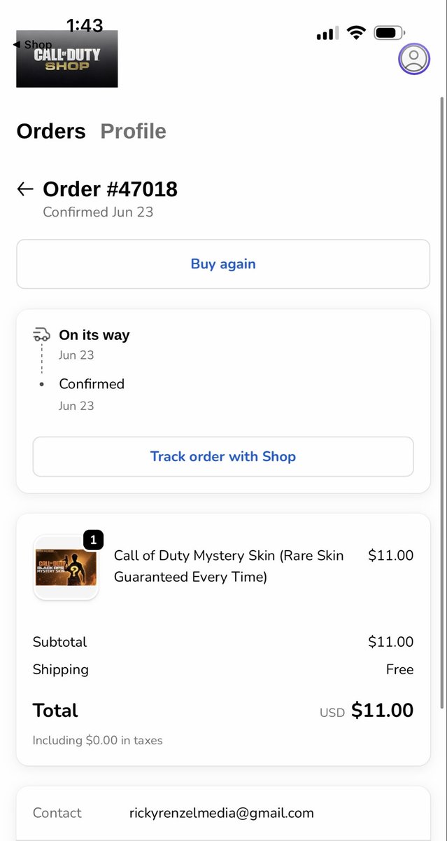 RenzelTV's tweet photo. .@CODBO7Shop Hey, i ordered a skin of your shop and it’s been 3 days and i still haven’t received it. 

If it’s digital why is it taking this long to be delivered to my email so i can claim it? https://t.co/EwduCS4VJk