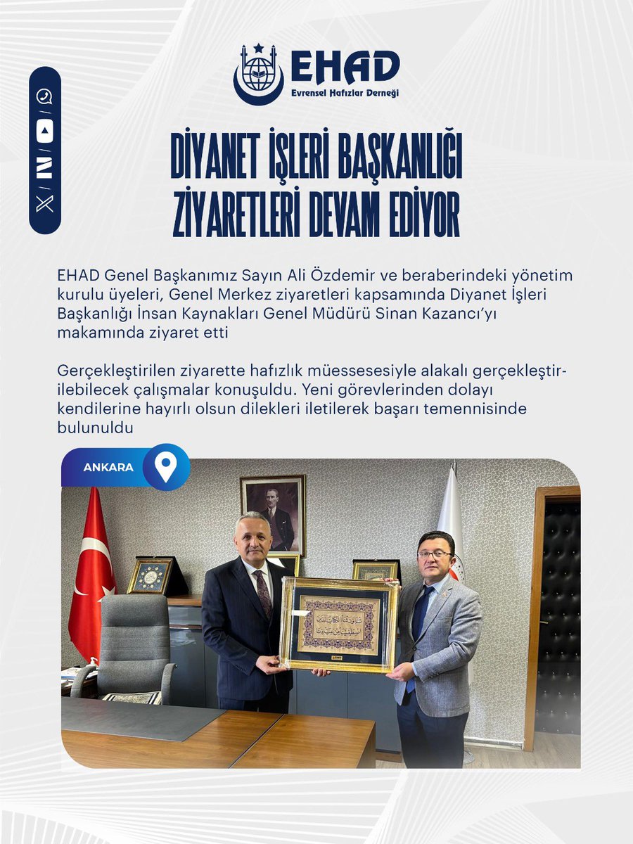 ehadgm's tweet photo. Diyanet İşleri Başkanlığı ziyaretleri devam ediyor

EHAD Genel Başkanımız Sayın Ali Özdemir ve beraberindeki yönetim kurulu üyeleri, Genel Merkez ziyaretleri kapsamında Diyanet İşleri Başkanlığı İnsan Kaynakları Genel Müdürü Sinan Kazancı’yı makamında ziyaret etti

Gerçekleştirilen ziyarette hafızlık müessesesiyle alakalı gerçekleştirilebilecek çalışmalar konuşuldu. Yeni görevlerinden dolayı kendilerine hayırlı olsun dilekleri iletilerek başarı temennisinde bulunuldu

@aliozdemirgsb @diyanetbasin
