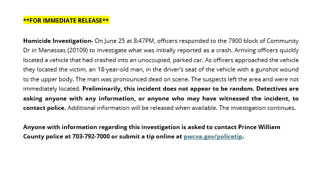 PWCPolice's tweet photo. *FOR IMMEDIATE RELEASE: PWCPD is investigating a homicide that occurred on June 25, in 7900 block of Community Dr in Manassas. More info; https://t.co/A2cjQC0OOI