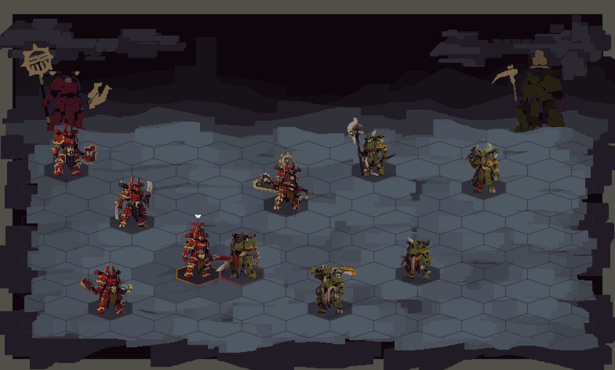 UnfuneralOD's tweet photo. The battlefield is slowly coming together

New hex grid, a proper backdrop, and the first hero mockups

Still early, but it's starting to feel like a game

next step polishing and ui

#wh40k #pixelart #gamedev https://t.co/1ykY20hLPx
