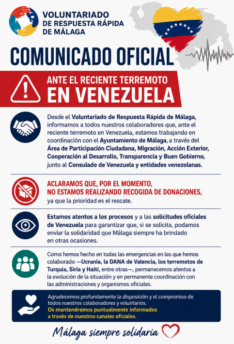 FMPLaAlcazaba's tweet photo. Ante los numerosos ofrecimientos realizados por parte de nuestras entidades para colaborar con el pueblo de Venezuela, informamos que ya nos hemos puesto en contacto con la Agrupación de Voluntarios de Respuesta Rápida y el Ayuntamiento de Málaga.
Compartimos la información: https://t.co/2L8PeLjFwm
