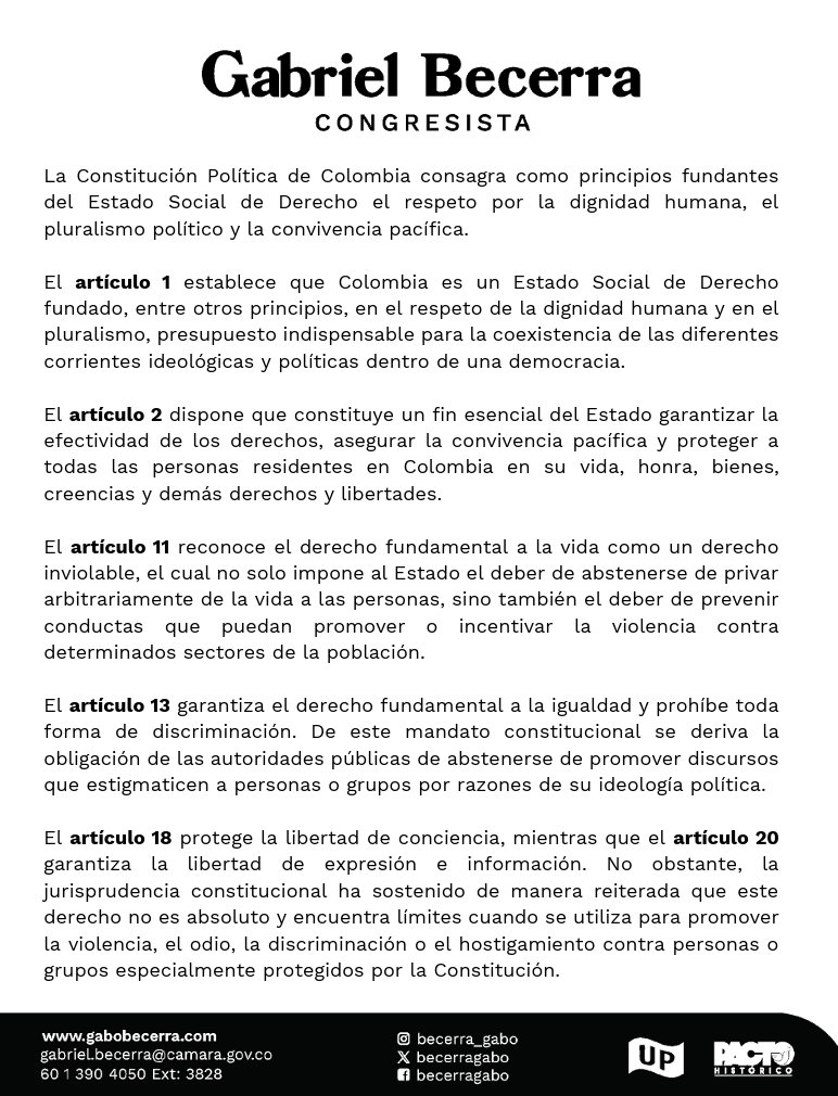 BecerraGabo's tweet photo. 1/2 Como sobreviviente de la @UP_Colombia  y congresista del @PactoCol , hoy denuncié penalmente ante la @FiscaliaCol al concejal de Medellín Andrés Felipe Rodríguez Puerta por llamar a “bombardear” los territorios donde ganó @IvanCepedaCast . Quienes vivimos el exterminio político sabemos que los crímenes comienzan con la estigmatización y los discursos de odio.

Exijo a la Fiscalía actuar con celeridad. Y le pregunto al nuevo gobierno de @ABDELAESPRIELLA : ¿Esa será la política frente a la oposición y a las regiones que no votaron por ustedes? ¿Regresarán el macartismo y la persecución política contra quienes pensamos diferente?

No aceptaremos que #Colombia vuelva a transitar el camino del odio. Nunca más el exterminio político. Nunca más. #GenocidioNuncaMás