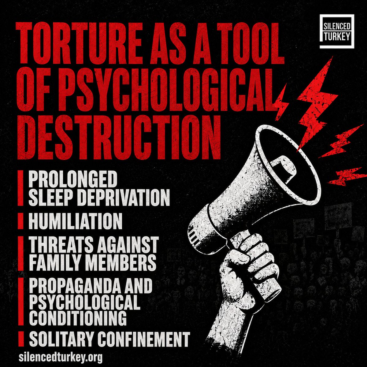 silencedturkey's tweet photo. “THE PURPOSE IS TO BREAK PEOPLE!”: PSYCHOLOGICAL TORTURE IN TÜRKİYE

Torture is not only physical. AST’s report, “Systematic Torture and Impunity in Türkiye (2016–2025” documents allegations of prolonged sleep deprivation, stress positions, humiliation, threats against family members, propaganda broadcasts, and solitary confinement, methods intended to break psychological resistance.
These practices are prohibited under international law.

for the full report👇🏻
https://t.co/0HqHPfgq6S
#26June  #EndTorture

@CoE_CPT @UN_HRC @UNHumanRights @CoEHumanRights @volker_turk