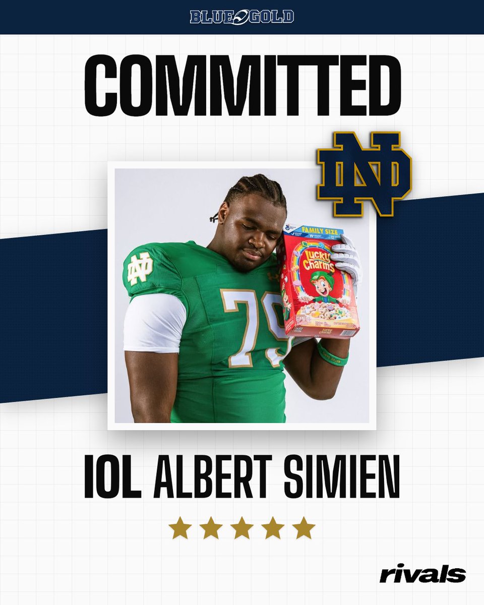 MikeTSinger's tweet photo. 🚨𝗕𝗥𝗘𝗔𝗞𝗜𝗡𝗚: Five-star OL Albert Simien has announced his commitment to Notre Dame over Texas A&amp;M 🤯☘️

Major recruiting win for the Irish landing Rivals’ No. 10 player in the 2027 class. Great work by Joe Rudolph and the staff.

https://t.co/rPbzkIkBs3 https://t.co/0XJASTcBb2