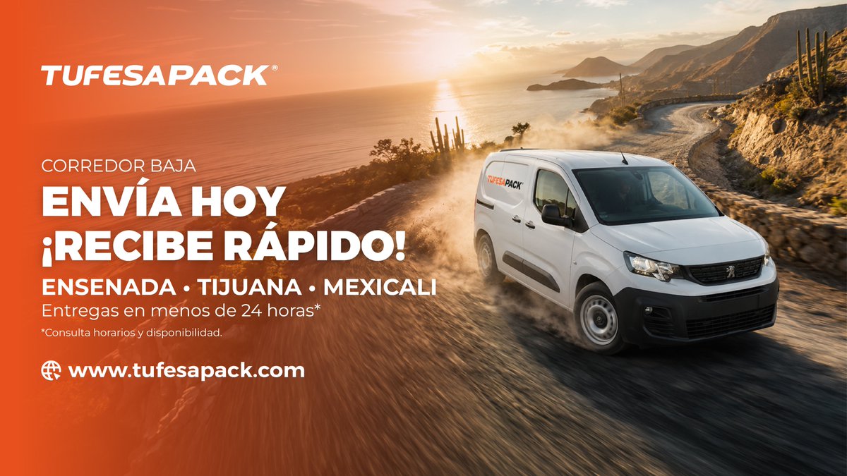 TufesaPack's tweet photo. 🌵🚚 Conoce el #CorredorBaja TUFESAPACK
📍 Ensenada
📍 Tijuana
📍 Mexicali
📦 Envía hoy
⚡ Recibe en menos de 24 horas*
Porque tu negocio no puede esperar. #TUFESAPACK #EsTuyo
*Consulta horarios y cobertura. https://t.co/51A744naOP