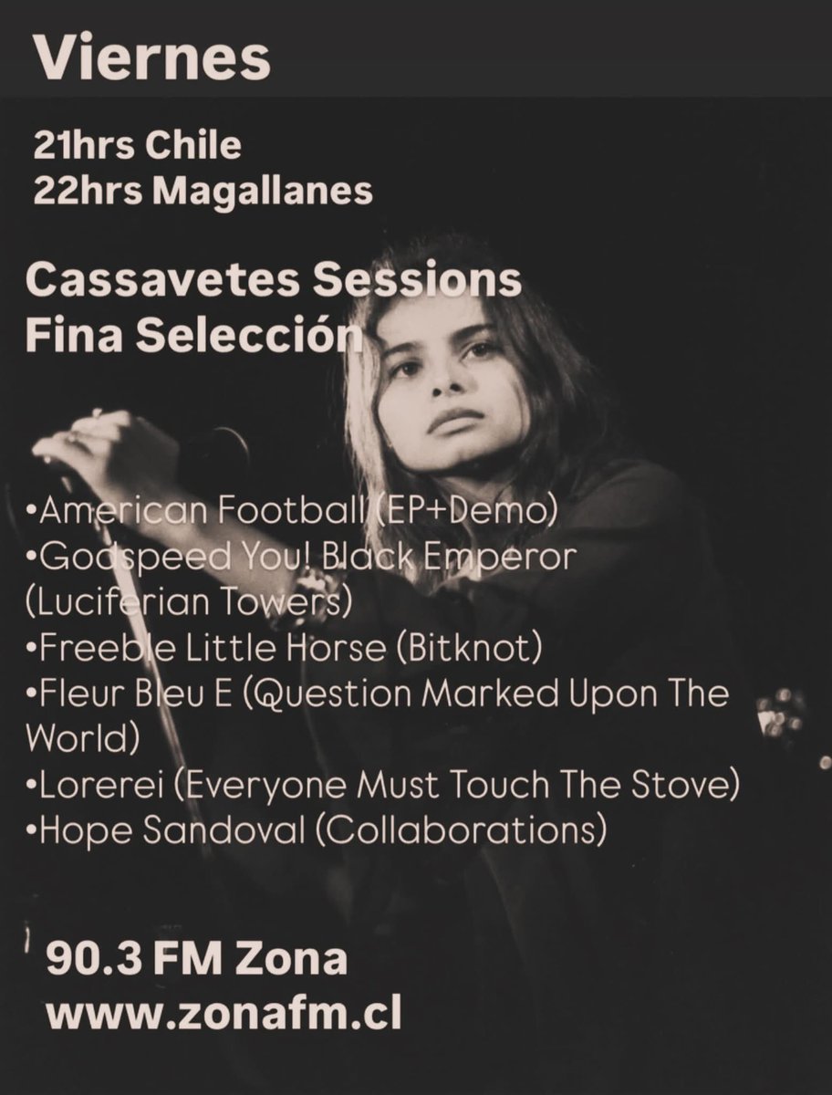 CassavetesRS's tweet photo. HOY!

Viernes
21hrs Chile
22hrs Magallanes

Cassavetes Sessions
Fina Selección:
•American Football •Godspeed You! Black Emperor •Freeble Little Horse•Fleur Bleu E • Lorerei•Hope Sandoval•

90.3 FM Zona
https://t.co/Uamw30OI6m

Actualidad Música Conciertos Cine y más! https://t.co/OBosApyh2t