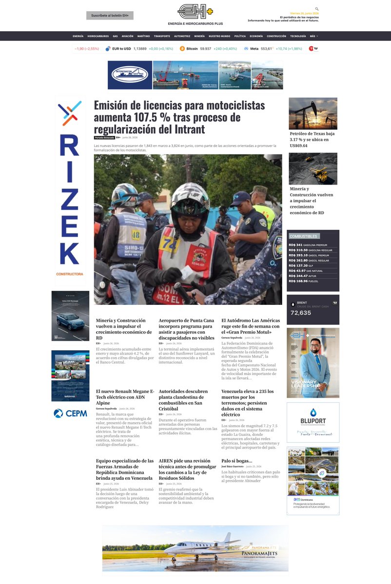 ehplusdo's tweet photo. #PortadaEH- Portada vespertina de hoy 26/6/2026. "Emisión de licencias para motociclistas aumenta 107.5 % tras proceso de regularización del Intrant"

Ingresa para ampliar 👉 https://t.co/PD43X8F355

#EHPlus https://t.co/2KtVg3tVv0