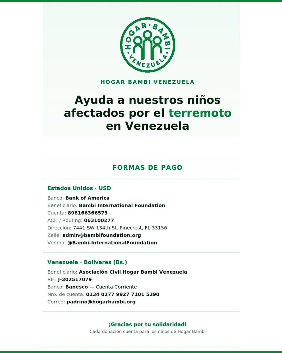 MundoConVzla's tweet photo. #ATENCIÓN | ‼️Para ayudar a nuestros niños afectados por el terremoto pueden hacerlo a través de @hogarbambi 🙏🏻 https://t.co/AgRc5rXZXI