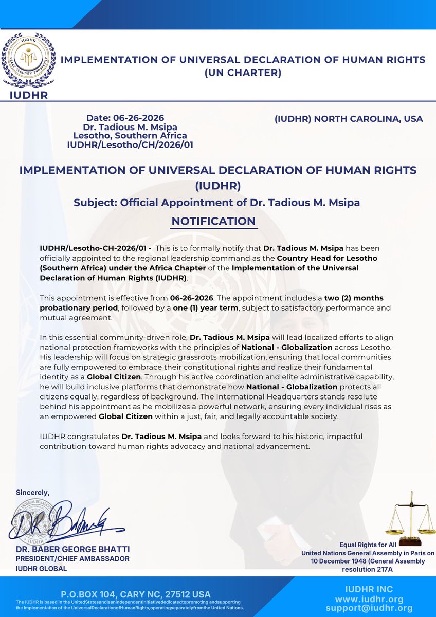 IudhrUn's tweet photo. 📢 Official: IUDHR appoints Dr. Tadious M. Msipa as Country Head for Lesotho, Southern Africa! 🇱🇸 He will drive our mission of National - Globalization to uplift and empower every local community member.

#IUDHR #HumanRights #Lesotho #GlobalCitizen #NationalGlobalization #Africa https://t.co/AKq8SNSPWV