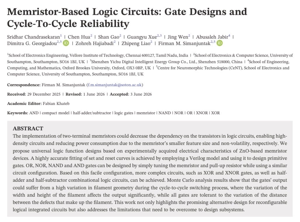 firmangasa's tweet photo. We studied the cycle-to-cycle reliability of memristor-transistor hybrid logic gates under cycle-to-cycle switching variability. The results highlight both the potential and the reliability limits of memristor-driven logic for future low-power, high-density computing systems. https://t.co/9XwjqsX4Vz
