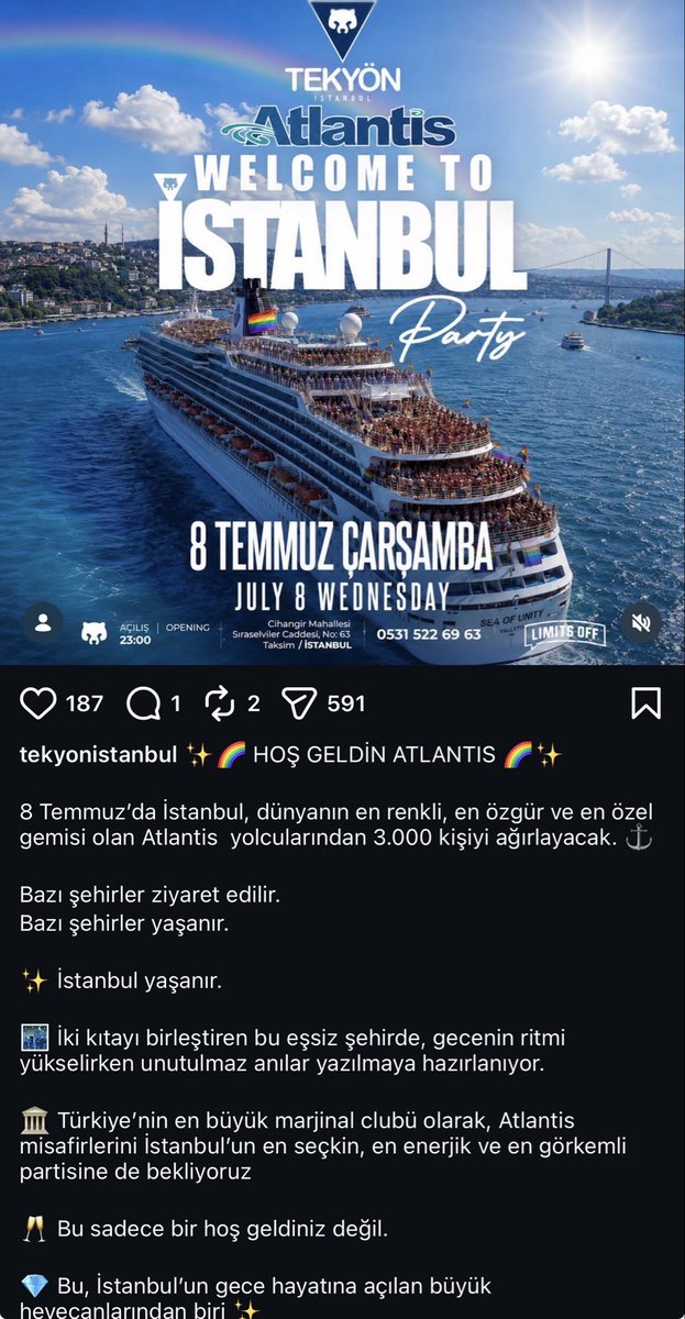 ehaber724's tweet photo. 8 Temmuz’da İstanbul’a gelecek LGBT grubunu ağırlamaya hazırlanan Tekyön İstanbul’un organizasyonu tepki çekiyor.

Yaklaşık 5 bin kişinin katılması beklenen etkinliğe ilişkin eleştiriler sürerken, organizasyonun iptal edilmesi ve sorumlular hakkında gerekli işlemlerin yapılması yönünde çağrılar yapılıyor.

Sayın İçişleri Bakanı Mustafa Çiftçi’ye çağrımızdır:

Toplumun önemli bir kesiminin inanç ve değerleri açısından bu tür etkinlikler kabul edilemez görülmektedir. Kamu düzeni, toplumsal hassasiyetler ve milli-manevi değerlerin gözetilmesi adına gerekli değerlendirmelerin yapılmasını ve hukukun verdiği yetkiler çerçevesinde gereken adımların atılmasını temenni ediyoruz.
@mustafaciftcitr