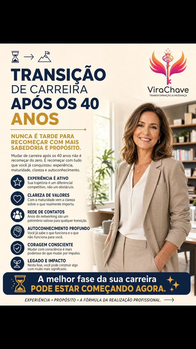 ViraChave8's tweet photo. ⏳ E se os seus 40+ fossem sua maior vantagem profissional?

Muita gente vê a idade como limite. A gestão de carreira mostra o contrário: experiência, maturidade e autoconhecimento são ativos valiosos.

Você não está recomeçando do zero. Está recomeçando com bagagem. https://t.co/ZP0zotNrUS