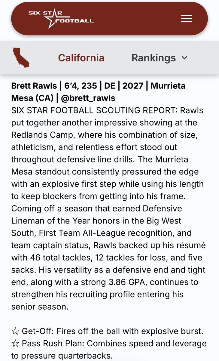 brett_rawls's tweet photo. Thank you @sixstarfootball for the write-up!

@RamsFootball951 https://t.co/OmMJg3Oqfn
