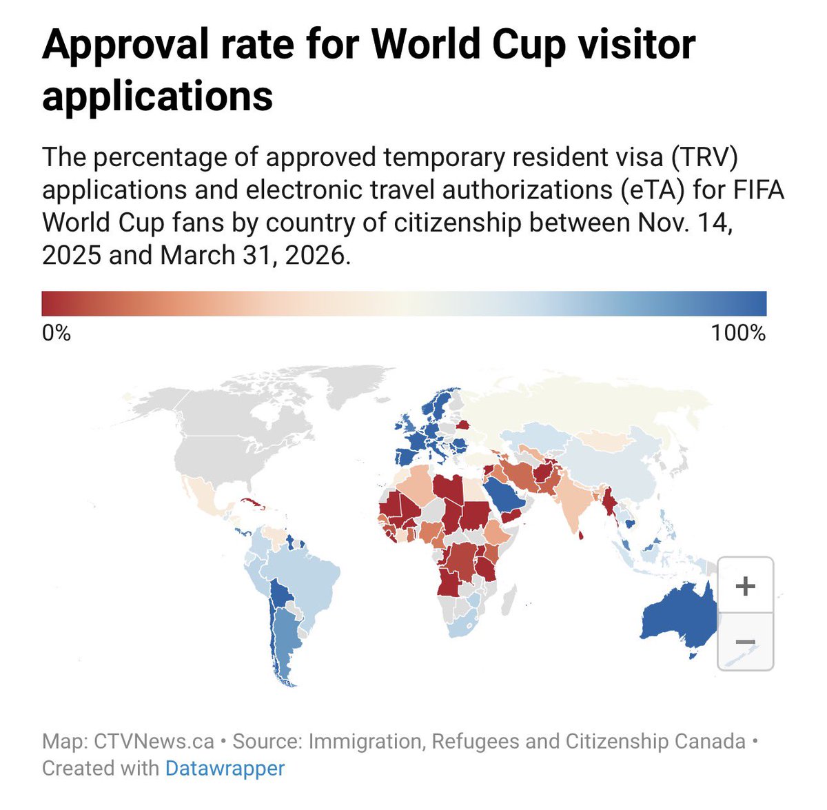 BiraneHane's tweet photo. Le Canada 🇨🇦 a rejeté plus de la moitié de toutes les demandes de visa visiteurs de la Coupe du monde. 

Pour le Sénégal 🇸🇳: sur 170 demandes. 
✅ 25 ont été approuvées 
❌ 145 ont été refusées. 

Soit un taux d’approbation de 14,7%. 

Dans l'ensemble, 

👉🏽 les citoyens des pays qui ont besoin d’une AVE pour entrer au Canada ont obtenu un taux d'approbation de 96%, contre seulement 32 % pour ceux qui ont besoin d'un visa avec une forte concentration des pays de l’Afrique.

👉🏽 Les demandes de visa visiteur de nombreux pays bénéficiant d’une AVE- comme l'Australie 🇦🇺, l'Allemagne 🇩🇪 , la Croatie 🇭🇷 et la Nouvelle-Zélande 🇳🇿- ont toutes été approuvées ✅. 

👉🏽 D’autres qui nécessitaient un visa comme les ressortissants de Syrie 🇸🇾, Ouganda 🇺🇬, Sri Lanka 🇱🇰, Soudan 🇸🇩, Yémen 🇾🇪, République Démocratique de Congo 🇨🇩, Libye 🇱🇾, Burundi 🇧🇮, Burkina Faso 🇧🇫, Sierra Leone 🇸🇱, Tanzanie 🇹🇿, Afghanistan 🇦🇫, Cuba 🇨🇺, Mali 🇲🇱, Gambie 🇬🇲, Liberia 🇱🇷, Tadjikistan 🇹🇯, Angola 🇦🇴, Bélarus 🇧🇾, Tchad 🇹🇩, Dominique 🇩🇲, Kosovo 🇽🇰, Mauritanie 🇲🇷, Myanmar (Birmanie) 🇲🇲, Saint-Christophe-et-Niévès 🇰🇳 et Togo 🇹🇬 ont vu toutes leurs demandes refusées. ❌