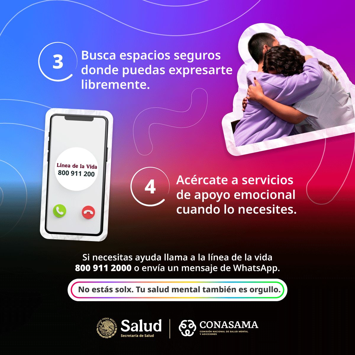 conasamamx's tweet photo. 28 junio | Día Internacional del Orgullo LGBTTTIQ+ 🏳️🌈

No estás sola/o/x. ¡Tu #SaludMental también es orgullo!. ✨

Afrontar el rechazo o la ansiedad no es fácil, pero recordar y fortalecer lo que te da bienestar, tranquilidad y plenitud es tener amor propio. No tienes que pasar por esto en soledad:

1️⃣ Identifica tus emociones.
2️⃣ Habla con personas de confianza.
3️⃣ Busca espacios seguros para expresarte.
4️⃣ Acércate a profesionales si lo necesitas.

Si buscas apoyo emocional, la Línea de la Vida está disponible para ti. ¡Cuidarte también es celebrar quién eres! 📲

Línea de la Vida 800 911 2000.

#Orgullo2026 #CONASAMA