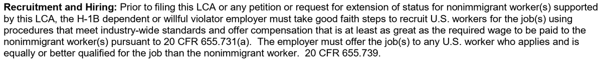 JRPTO's tweet photo. @CElder556 @wil_da_beast630 The employer must certify they took *good faith steps* to recruit an American *for at least the same wage*, not that "no qualified American exists for the job" as you previously stated (certifying *that* would indeed be a scam). No need to be a prickly individual. https://t.co/kGbPCOjZKI