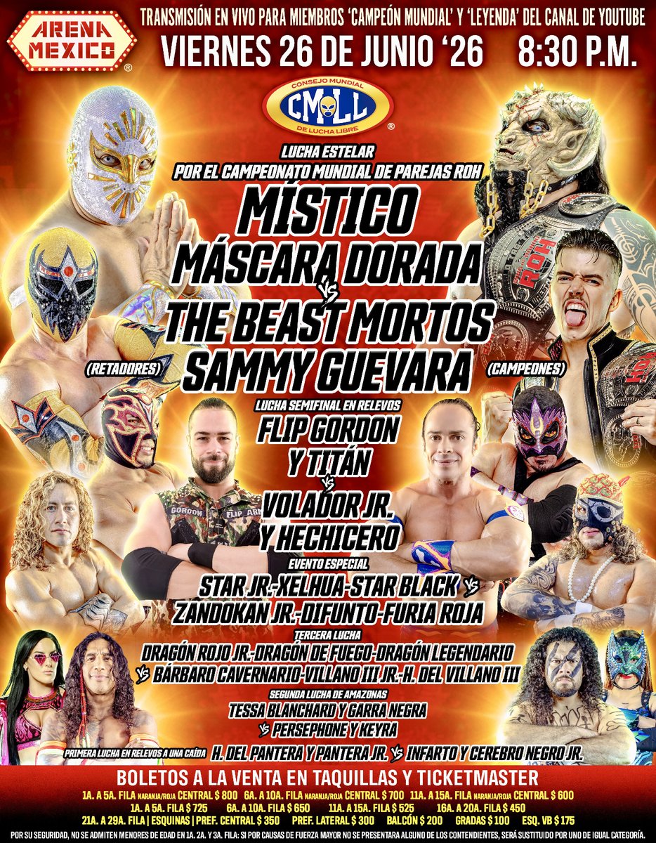 CMLL_OFICIAL's tweet photo. 🤩 ¡Es hoy, es hoy! 
📍Arena México
🗓️ Viernes 26 de Junio '26
🕣 8:30 p.m.

🎟️ en taquillas y en Ticketmaster:
https://t.co/GAN50chlxQ

📲 Transmisión EN VIVO para miembros nivel “Leyenda”: https://t.co/5P6Lo6oSLQ

#ViernesEspectacularCMLL https://t.co/NoB1z2azUU