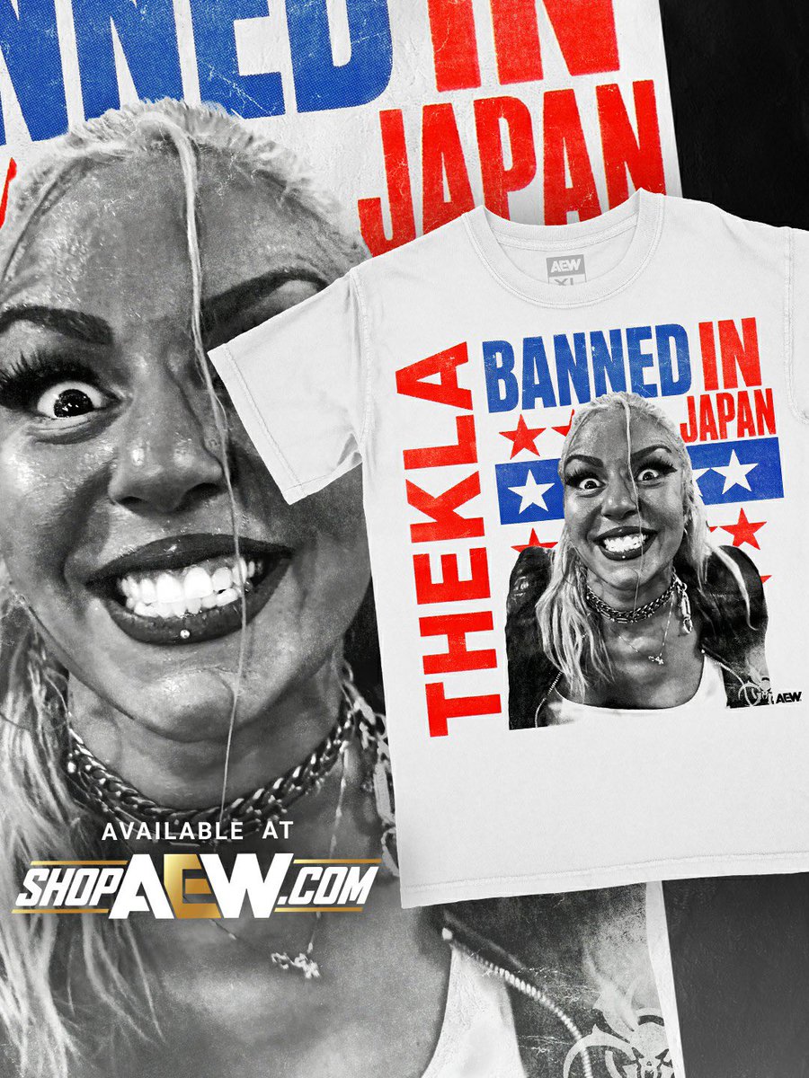 Fightful's tweet photo. AEW is selling Banned in Japan Thekla shirts https://t.co/aJBbL9uMnt