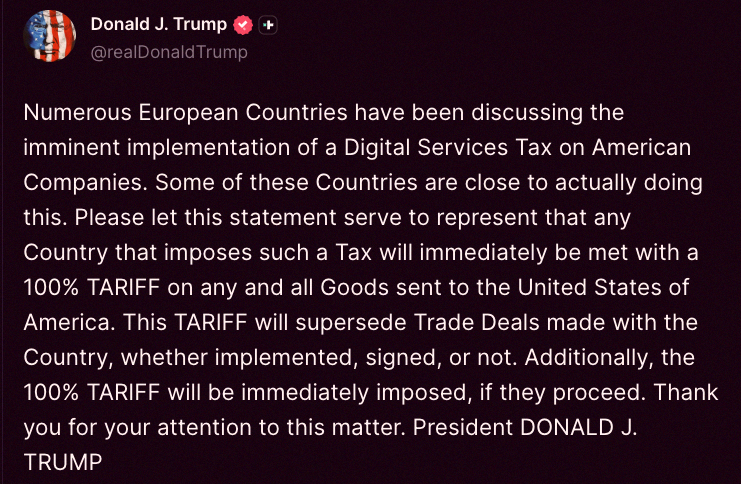 alfalehadvocate's tweet photo. 🇺🇸 Trump just dropped this:

"A bunch of European nations are talking about slapping a Digital Services Tax on US companies. Some are almost ready to go through with it. So here's a warning: any country that puts that tax in place will get hit with a 100% TARIFF on everythi https://t.co/FbvTpuCGeK