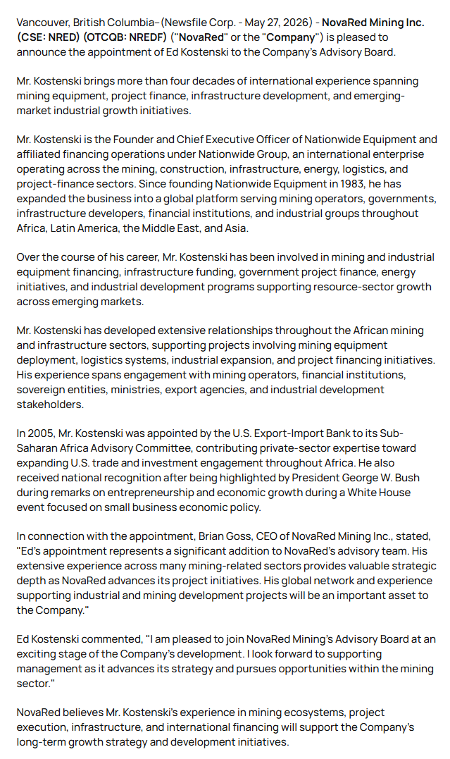 apljc92958416's tweet photo. THE MARKET SHOULD PAY ATTENTION TO THE EXIM ANGLE AROUND CRITICAL MINERALS.

Project Vault is backed by up to $10B from the U.S. Export-Import Bank plus nearly $2B in private-sector capital. This is Washington building a critical-minerals backstop for manufacturers during supply disruptions.

Now connect the dots to $NRED / $NREDF.

NovaRed added Ed Kostenski to its Advisory Board. Kostenski founded Nationwide Equipment, built a global platform across mining, construction, infrastructure, energy, logistics, and project finance, and in 2005 was appointed by the U.S. Export-Import Bank to its Sub-Saharan Africa Advisory Committee.

That is the piece people may be missing.

Copper juniors used to trade mostly on drill hype. This cycle is different. Critical minerals now need capital pathways, infrastructure knowledge, export-credit familiarity, and government-facing experience.

NovaRed is building that layer.

Not trading advice.

$AMD
$PCLA
$IBRX
$TEAM