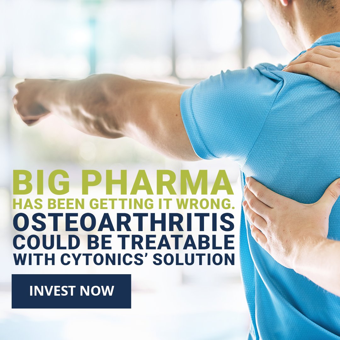 CytonicsCorp's tweet photo. Roche tried. Pfizer tried. P&amp;G tried. Every major pharma company that attempted a disease-modifying drug for osteoarthritis failed. Cytonics built it differently. Phase 1 complete, 0 serious adverse events. Invest before the next phase.