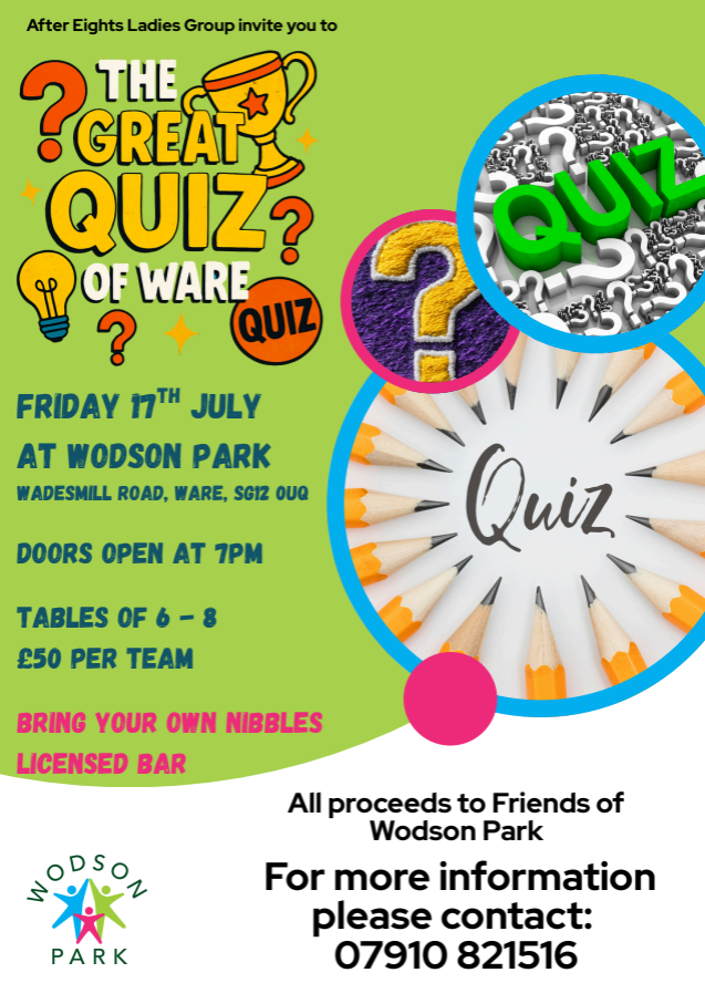 WodsonPark's tweet photo. The big Charity Quiz Night is coming to Wodson Park. 

📅 Friday 17 July 
🕖 7pm

Get your team ready for a fun evening supporting charity. 

#WodsonPark #QuizNight #Ware https://t.co/mjhc0gCpMa
