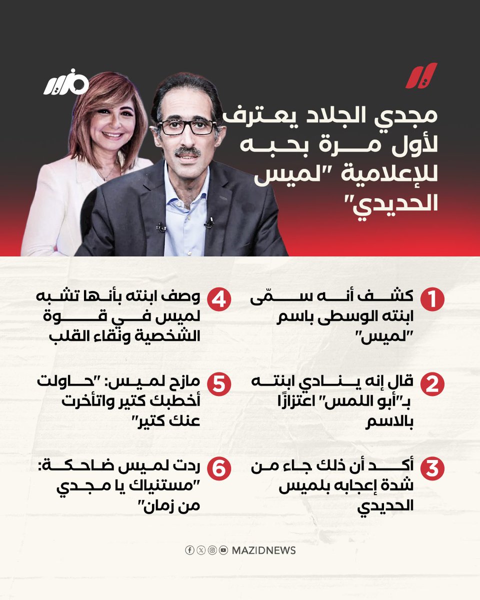 MazidNews's tweet photo. الصحفي مجدي الجلاد للإعلامية لميس الحديدي: حاولت أخطبك كتير واتأخرت عنك كتير

#مزيد https://t.co/0UcQw2Sek1