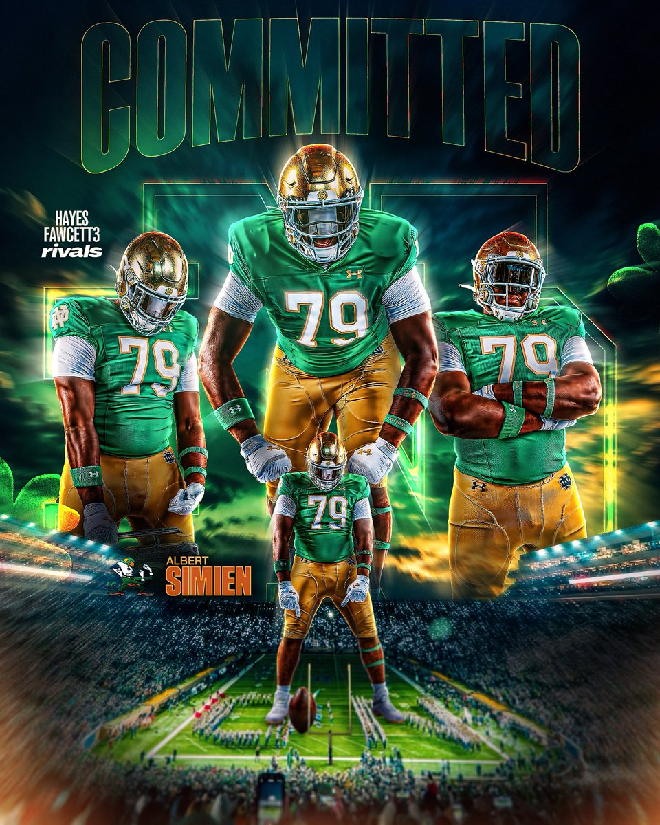 Hayesfawcett3's tweet photo. BREAKING: Five-Star IOL Albert Simien has Committed to Notre Dame, he tells me for @Rivals

The 6’4 315 IOL chose the Fighting Irish over LSU, Texas A&amp;M, and Nebraska

He’s ranked as the No. 10 Recruit in the 2027 Rivals300 ☘️

https://t.co/CDndUmF4O3 https://t.co/ooi3ZiENKl