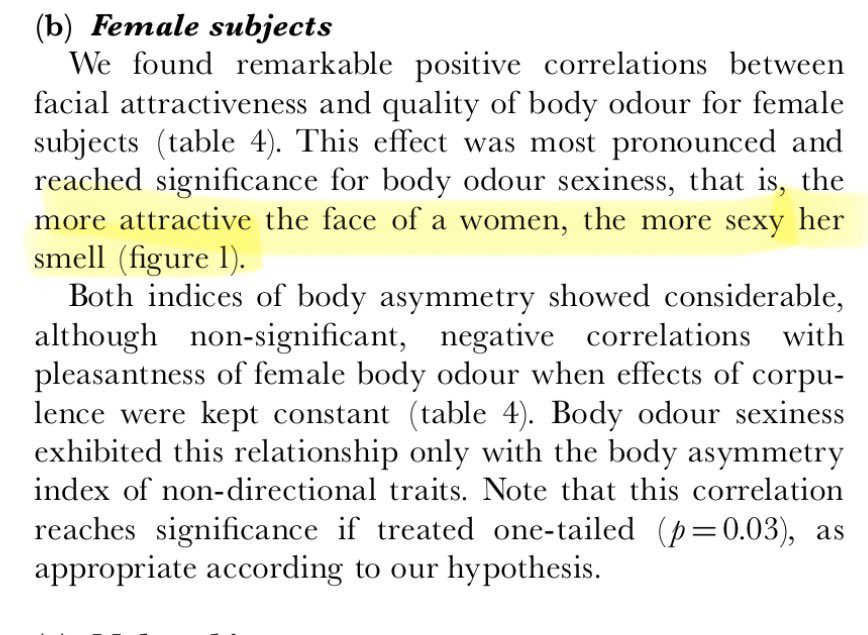 idyllicmusing's tweet photo. Men were told to wear a T-shirt for three nights without washing it or wearing any deodorant. Women were then given samples of the men’s body odor and asked to rate how attractive they found the smells. The conclusion was that the more attractive women found the smell, the more it correlated with the man’s facial symmetry.
One important detail, this effect also depended on where the woman was in her menstrual cycle. The less fertile she was, the more she tended to be repelled by the scent of symmetrical (attractive) males, essentially the opposite effect. 
When the researchers analyzed women’s scents as well, the same pattern held for men rating them. The more attractive a woman’s scent, the greater her body symmetry.

Table 5: 
• Least Fertile Women (Positive Correlations: 0.44 & 0.35):
Men with high asymmetry (less symmetrical) were rated as more pleasant and sexy by women in their least fertile phase, while highly symmetrical men were rated lower.
• Most Fertile Women (Negative Correlations: -0.41 & -0.47) —
Men with low asymmetry (high symmetry) received the highest attractiveness and sexiness ratings from fertile women.