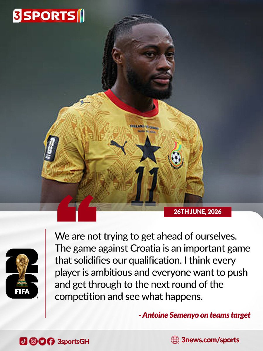tv3_ghana's tweet photo. The Black Stars are not carried away ahead of their clash against Croatia, as per Antoine Semenyo 🇬🇭

#3Sports #Mundial26OnMG #TV3GH https://t.co/HEsu2ufArN