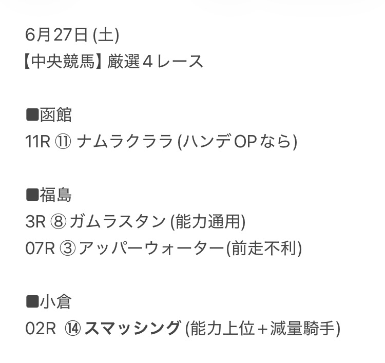 sylphy_x's tweet photo. 6/27中央競馬

本格的に夏競馬が開幕🏇
ぼちぼち頑張っていきましょう～

函館1鞍＋福島2鞍＋小倉1鞍＝全4鞍にて

👇見解はコチラ（無料）
https://t.co/fymFFlnpdH https://t.co/GRLh6yuuzJ
