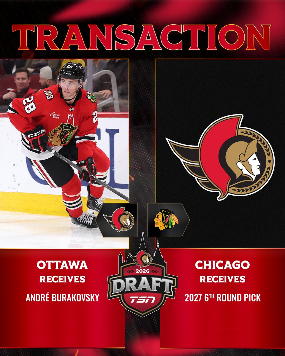 Senators's tweet photo. TRADE ALERT: The #Sens have acquired forward André Burakovsky from the Chicago Blackhawks in exchange for a 6th round pick in the 2027 NHL Draft. https://t.co/p8o3aO0rPz