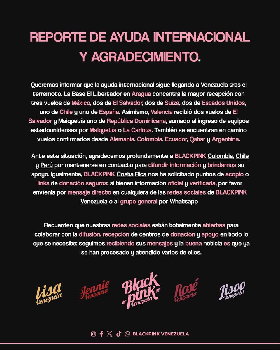BLACKPINKVZLA_'s tweet photo. REPORTE DE AYUDA INTERNACIONAL Y AGRADECIMIENTO.

#BLACKPINK #VENEZUELA https://t.co/o81lMcJCcT
