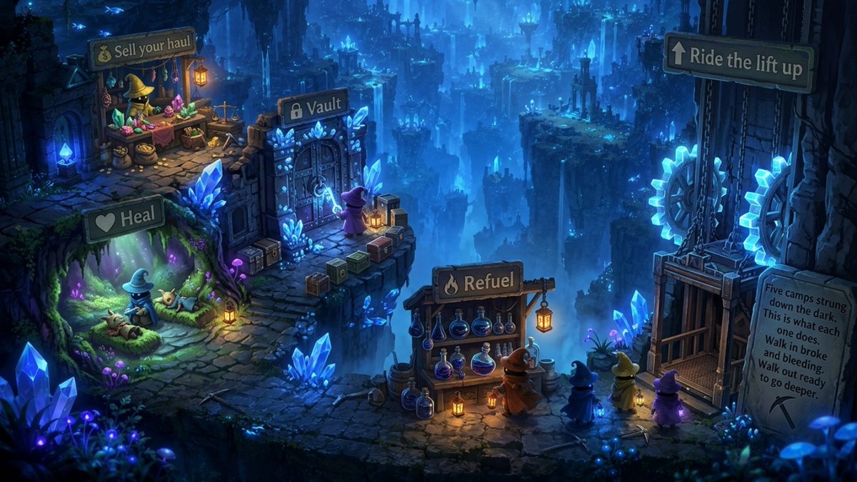 PlayTheAbyss's tweet photo. Five camps strung down the dark. This is what each one does. 

 -Sell your haul · 
 -Vault what you can't lose · 
 - Heal · 
 - Refuel the lamp 
 -  Ride the lift up

Walk in broke and bleeding. Walk out ready to go deeper. ⛏️ https://t.co/nH5cTtD1xa