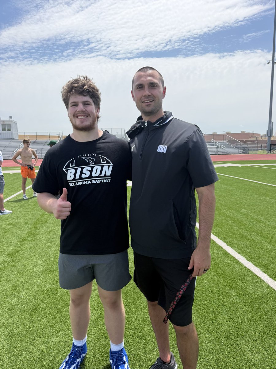 WillMasonTX's tweet photo. Thank you Coach Jensen @CoachEaton94 @Zach2Blevins for the camp work today. I look forward to  getting back on campus July 10th @OBU_Football 
@coachrsmith12 @CoachZachClark @GHSMustangsFB https://t.co/dcMfMFPGfn