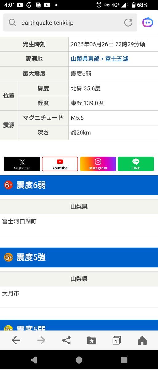 INRI1225's tweet photo. 2026/06/26　22:29 M5.6  20km
台風も失敗し富士山噴火も失敗して草野球のキャッチャーか？（ミットも無い） https://t.co/Qgi4iL00Xp