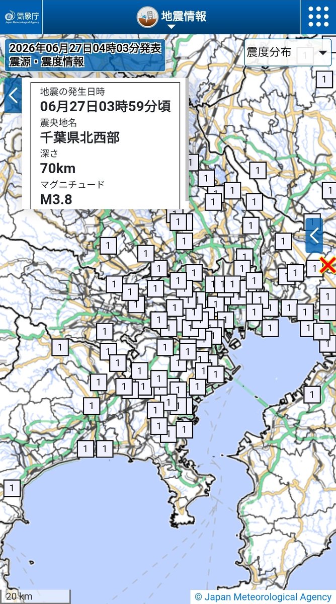 ttakemat's tweet photo. 千葉かぁ
２７日０３時５９分ころ、地震がありました。
震源地は、千葉県北西部（北緯３５．８度、東経１４０．１度）で、震源の深さは約７０ｋｍ、地震の規模（マグニチュード）は３．８と推定されます。 https://t.co/vxJG7v9D4n