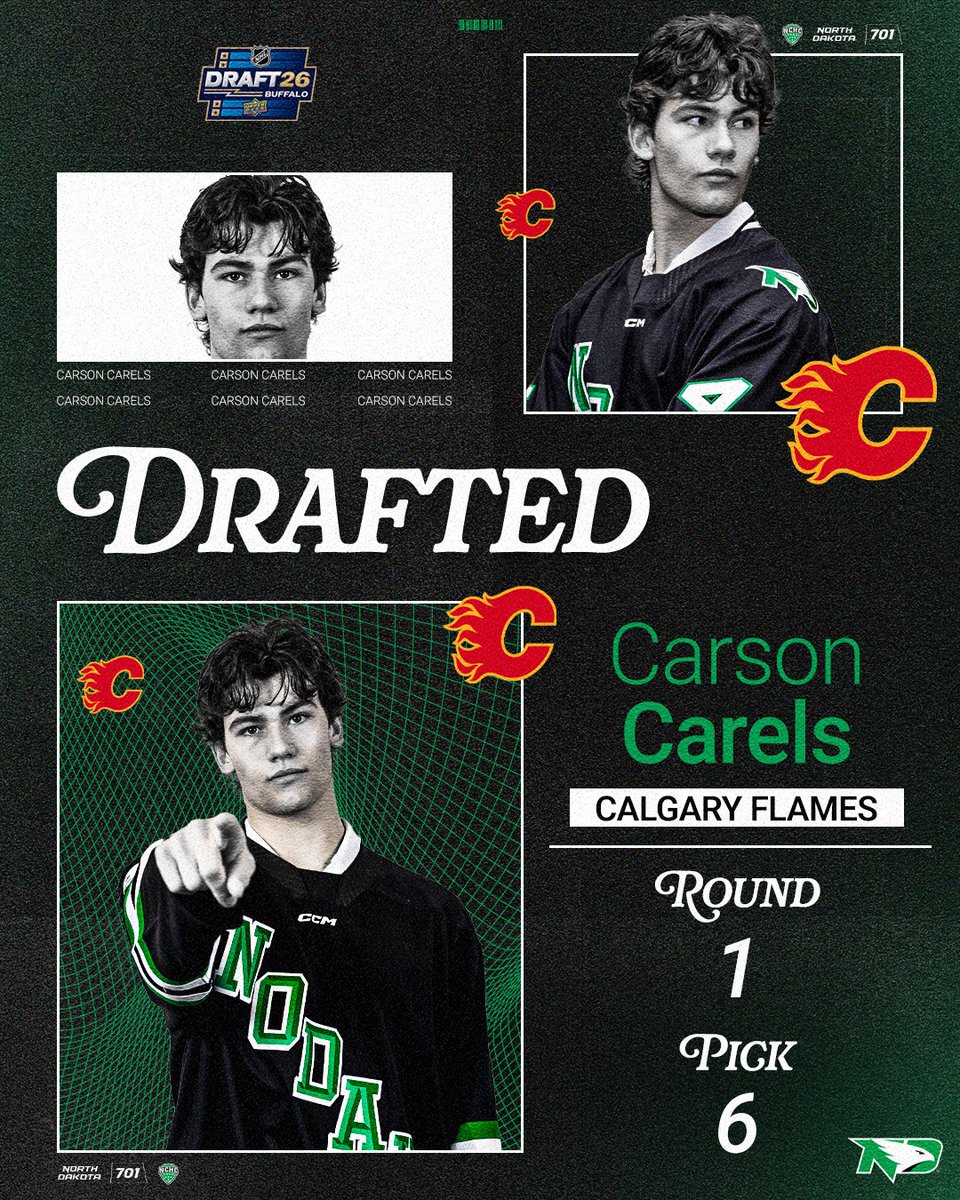 UNDmhockey's tweet photo. Congrats to Carson Carels on being selected sixth overall to the Calgary Flames!

#UNDproud | #LGH https://t.co/itTQ647R8x