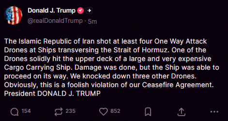 RobertSandez's tweet photo. 【速報】トランプ大統領、イランがホルムズ海峡で少なくとも4機の攻撃ドローンを船舶に向けて発射した件について、米イラン停戦合意の「愚かな違反」だと非難してる。
やっぱりまだまだ緊張続きだな… https://t.co/W9TQm8vLa2