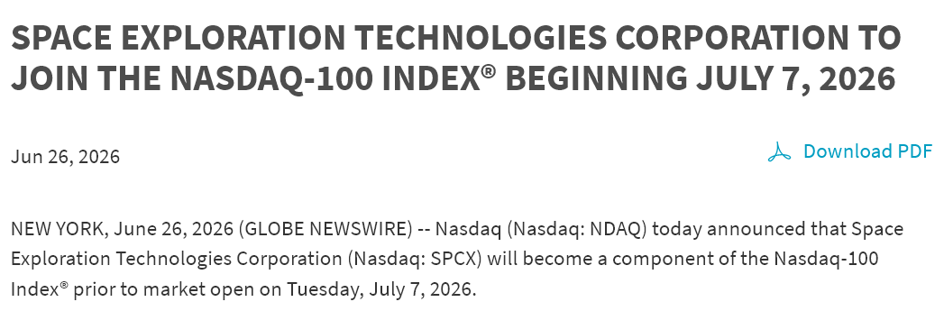 TrendSpider's tweet photo. BREAKING: SpaceX $SPCX officially set to join the Nasdaq-100 $QQQ on July 7th, 2026 https://t.co/qmyMBvf5AR