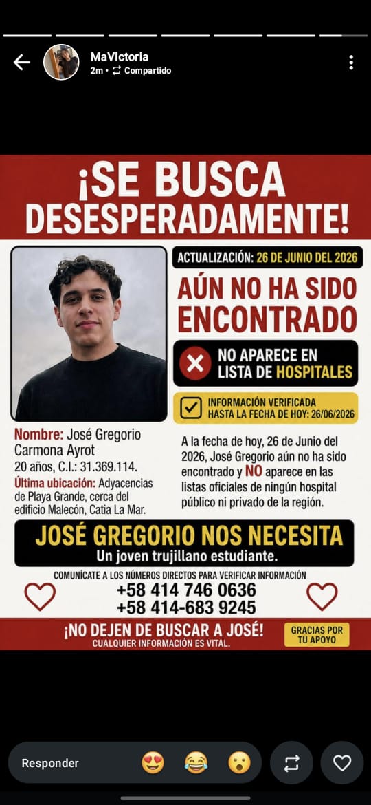 endsequera's tweet photo. 📍 SE BUSCAN:

José Gregorio Carmona Ayrot
Gael Alexandro Medina Castro
Darío Linares
Novia de Darío Linares (nombre no indicado)

Los detalles y números de contacto de cada caso se encuentran en las imágenes. https://t.co/rtu1XX3nj9