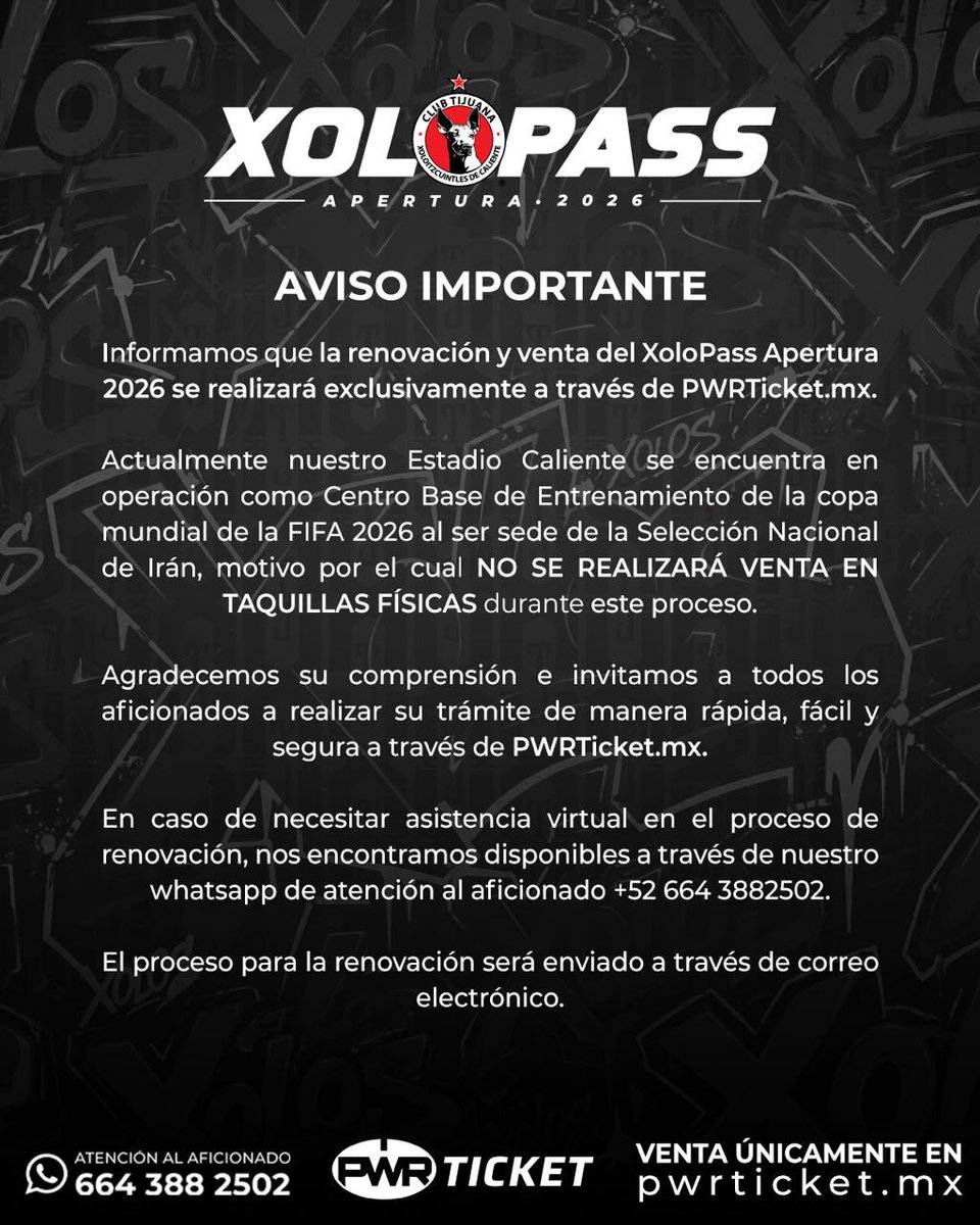 Xolos's tweet photo. Aviso importante: XoloPass Apertura 2026 https://t.co/yQeWShnvIi