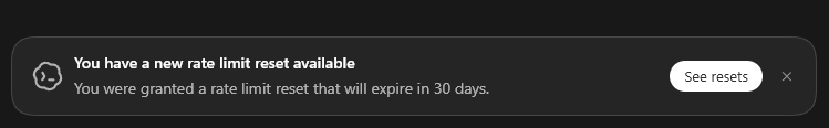 zznaen's tweet photo. Got it one. codex rate limit reset https://t.co/F3FsVMiQVA