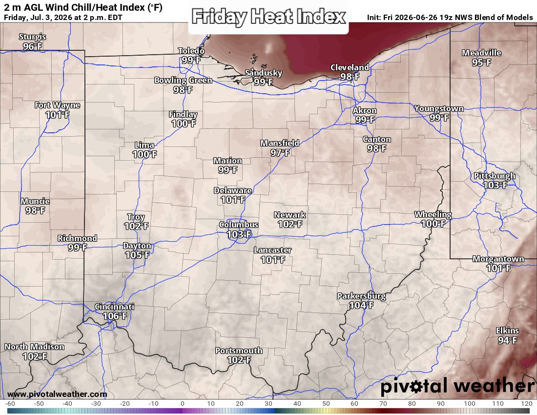 TylerSebreezy's tweet photo. EXTREME HEAT NEXT WEEK:

Take a look at what the feels like temperatures will look like next Tuesday through Friday. Triple digits each of those days for much of Ohio. This will be an extensive and extreme heat wave with little overnight relief. 🥵🌡 #OHwx https://t.co/N1PHXJir82