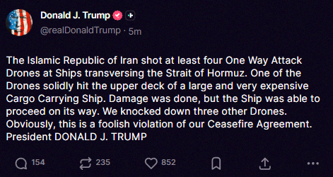 geninsp747's tweet photo. 速報🇺🇸トランプ大統領がイランを非難「愚かな違反だ」って🔥 ホルムズ海峡で少なくとも4機の片道攻撃ドローンが船舶に向けて発射されたみたい。米イラン停戦合意を破ったと主張してるよ😨 https://t.co/8vNO1DbnDy