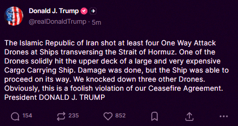 dontewright221's tweet photo. 速報：トランプ大統領、イランがホルムズ海峡で船舶に向けて攻撃用ドローンを少なくとも4機発射したことを受け、米イラン停戦合意を「愚かな違反」だと非難してるよ。めっちゃ緊張高まってる感じだね。 https://t.co/xM6UMTVAM7