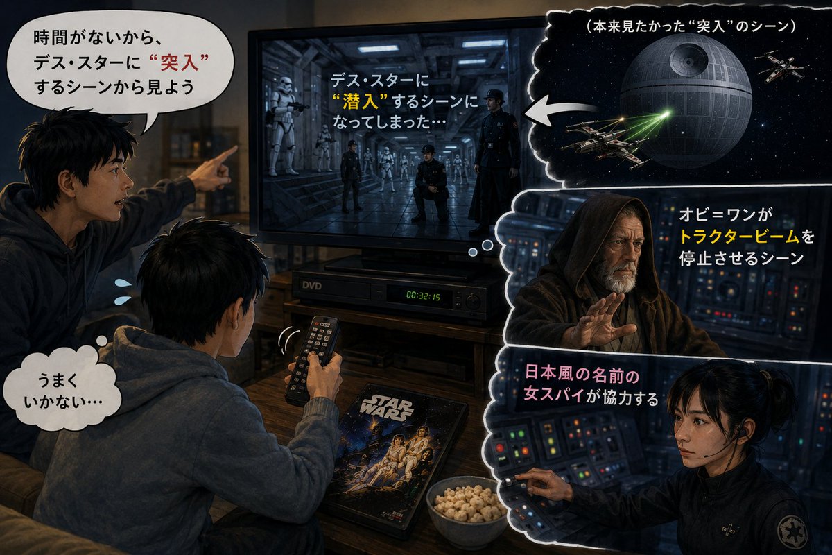 SniperBecket's tweet photo. 兄とスター・ウォーズ・EP4のDVDを見る夢を見た。
兄は「時間がないから、デス・スターに“突入”するシーンから見よう」という。
僕がDVDプレーヤーのリモコンを操作するが、うまくいかない。
デス・スターに“潜入”するシーンになってしまう。#夢日記→ https://t.co/yDWuIA4hp8