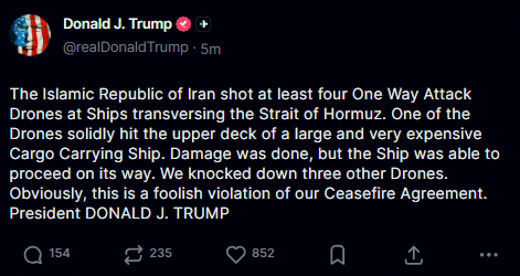 _Wazssn_'s tweet photo. 速報🇺🇸 トランプ大統領、イランが米イラン停戦合意を「愚かな違反」したって非難。ホルムズ海峡でイランが少なくとも4機の片道攻撃ドローンを船舶に向けて発射したみたい。 https://t.co/3czP5W2L8F