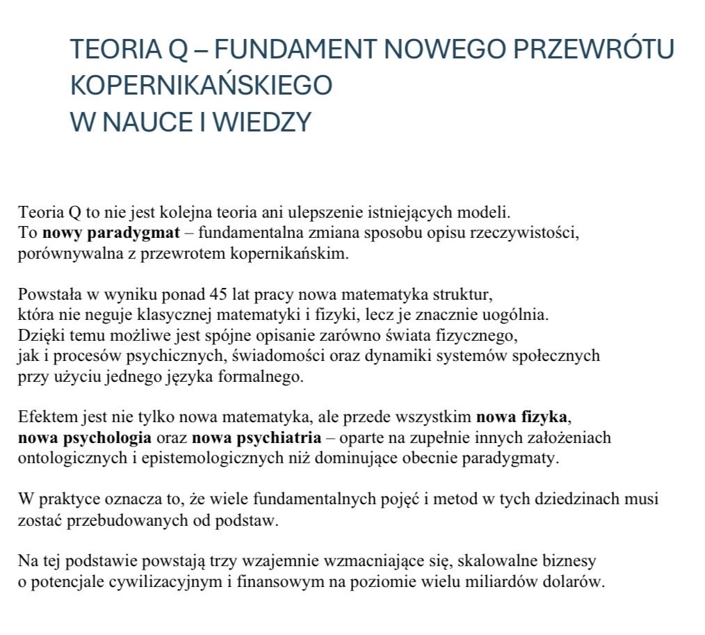 MocRelacji's tweet photo. ✨Teoria Q— Powstała na bazie kilkudziesiętnej pracy jednego człowieka . Zatop się w szczegółach i poznaj Twórcę . Piotr Tymochowicz i nowe spojrzenie na świat ..
Więcej na stronach pod linkami w komentarzu . #Tymochowicz #TeoriaQ #Qlogos #KomunikatOtwarty https://t.co/8CvxY0RgZu
